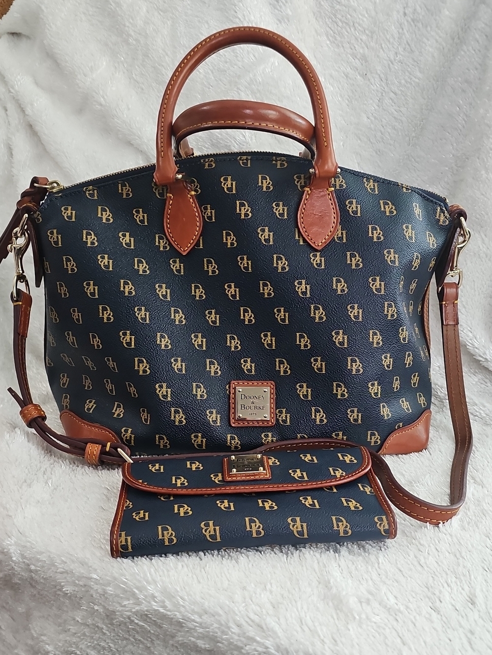 Dooney & Bourke Navy DB Monogram Satchel with Brown Leather Trim